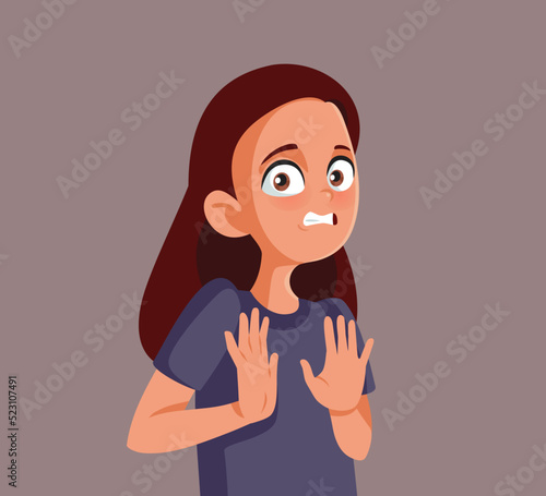 Teen Girl Saying No Making Stop Gesture Vector Illustration. Young teen saying she is not guilty pushing away claims
