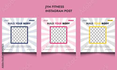 Simple clean minimalist creative modern gym fitness square sports advertising yoga ads web banner fresh business promotion social media Instagram post template design yellow blue color variation. 