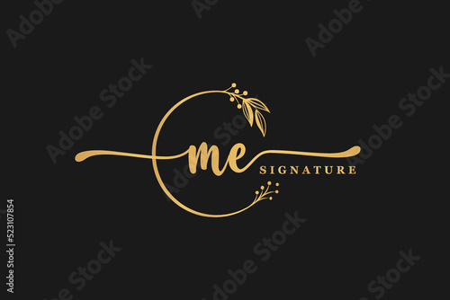 luxury gold signature initial M E logo design isolated leaf and flower