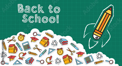 pencil rocket launching with doodles on blackboard, welcome back to school background