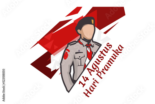 Translate: August 14, Happy Pramuka Day. Pramuka ( Indonesian national scouting movement) day vector illustration. 