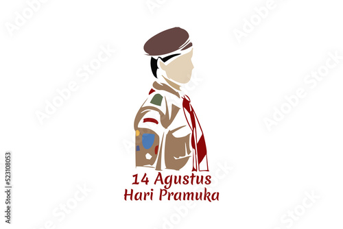 Translate: August 14, Happy Pramuka Day. Pramuka ( Indonesian national scouting movement) day vector illustration. 