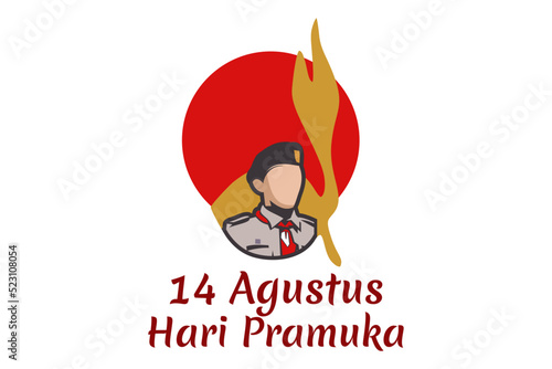 Translate: August 14, Happy Pramuka Day. Pramuka ( Indonesian national scouting movement) day vector illustration. 