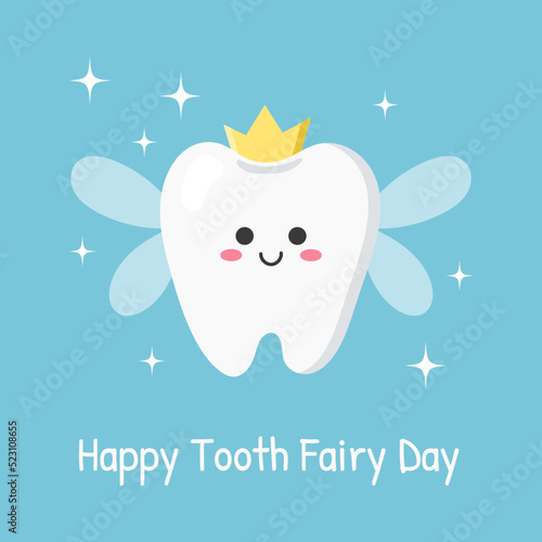 Happy Tooth Fairy Day. Card with the cute tooth fairy. Vector illustration