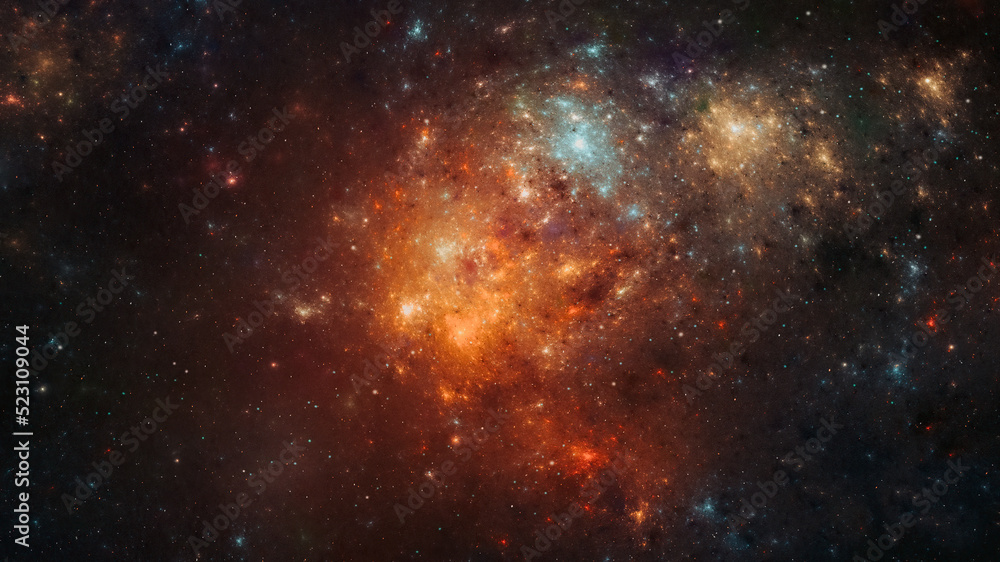 Space background. Colorful fractal orange and gold nebula with star field. 3D rendering