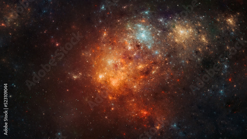 Space background. Colorful fractal orange and gold nebula with star field. 3D rendering
