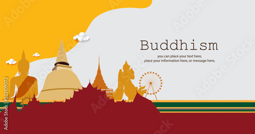 Buddha meditating vector illustration - Magha Puja, Asanha Puja, Vesak Puja Day, Buddhist holiday concept. Thailand culture and landmarks with copy space