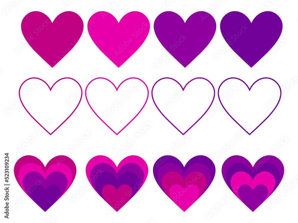 Collection of purple heart illustrations, Love symbol icon set, love symbol vector. suitable for purple heart day content, banner, card, gift, and etc.