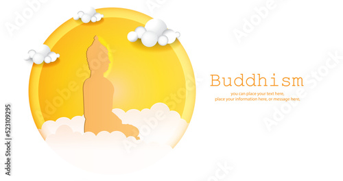 Buddha statue on full Moon background - Magha Asanha Visakha Puja Day - Blood moon and Cloud paper art beautiful Vector illustration