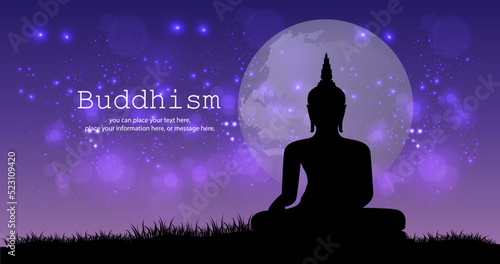 Buddha shadow sitting Vesak lord buddha in meditation at beautiful purple moonlight Coming from a back vector illustration background - Magha Puja, Asanha Puja, Vesak Puja Day, Thailand culture