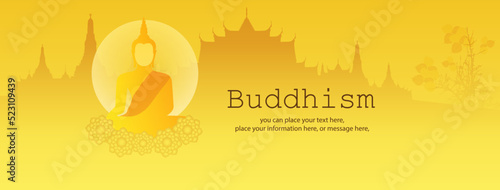 Banner buddha meditating on a yellow gold vector illustration - Magha Puja, Asanha Puja, Vesak Puja Day, Buddhist holiday concept. Thailand culture