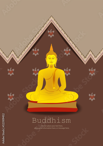 Buddha statue meditating on a Thai pattern vector illustration background - Magha Puja, Asanha Puja, Vesak Puja Day, Buddhist holiday concept. Thailand culture