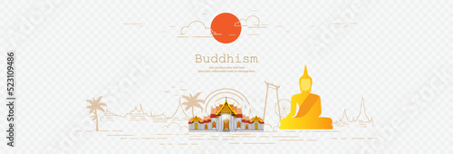 Banner panorama buddha draw lines vector background - Magha Puja, Asanha Puja, Vesak Puja Day, Buddhist holiday concept, Thailand culture
