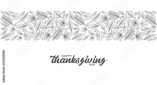 Happy thanksgiving day poster with greetings lettering and doodle illustration of celebration dinner, turkey, autumn harvest, pumpkin, cartoon style.