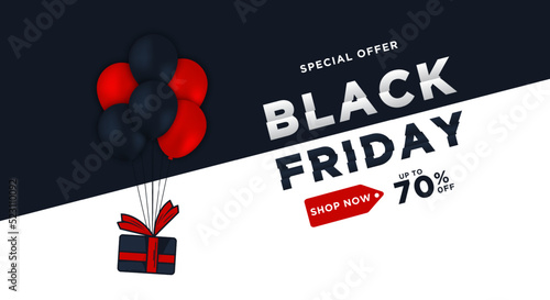 Black Friday sale web banner template. Dark and light background with red and black balloons for seasonal discount offers 70%.