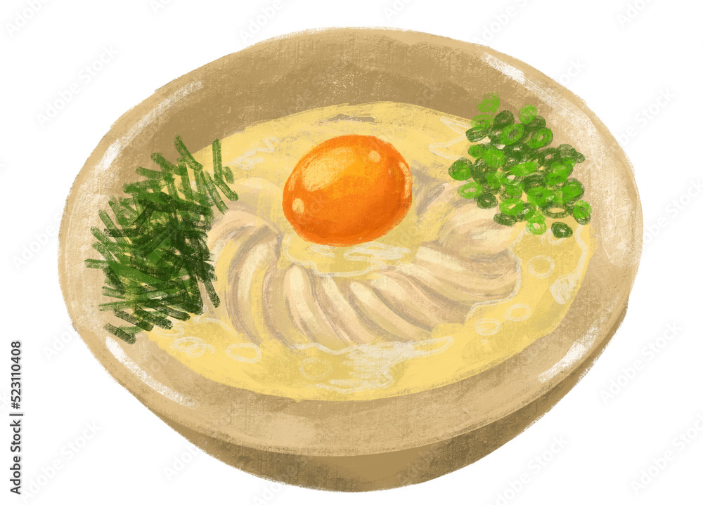 Japanese food udon noodle soup egg yolk illustration hand painting Japanese food udon noodle soup egg yolk illustration hand painting