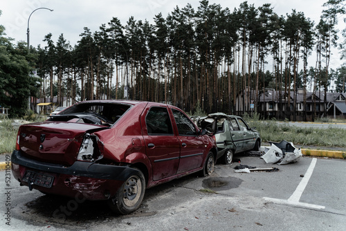15.07.2022, Irpin War between Ukraine and Russia. shot and burned cars in Irpen, which lie on top of each other