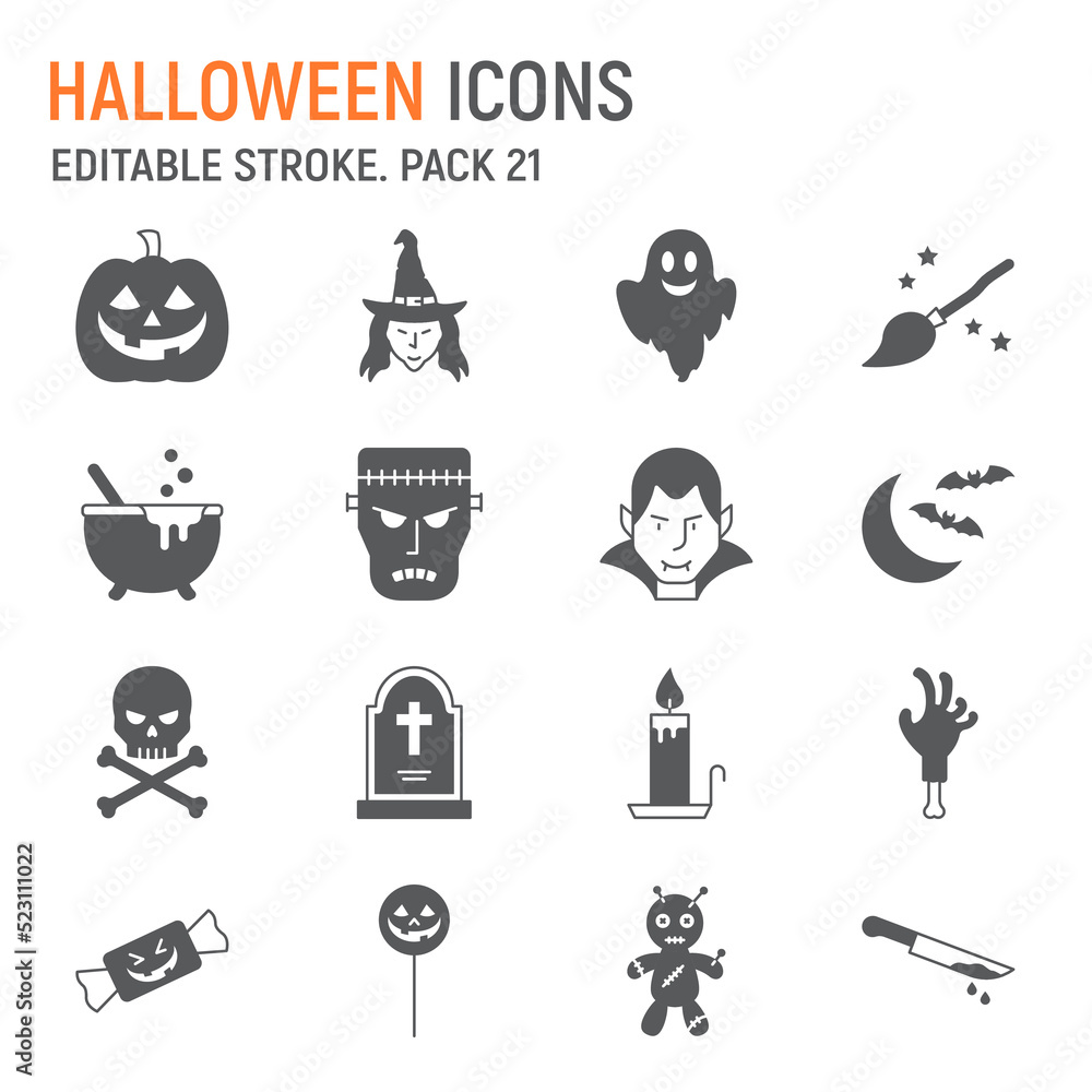 Fototapeta premium Halloween glyph icon set, spooky collection, vector graphics, logo illustrations, Halloween vector icons, horror signs, solid pictograms, editable stroke