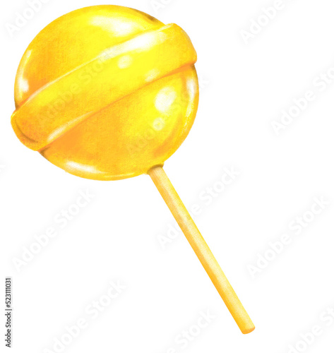 Yellow lemon lollipop stick sweet sugar candy digital painting illustration