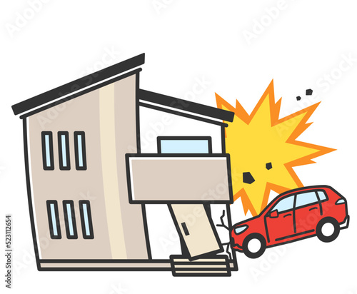 車に衝突されて損壊した家のイラスト