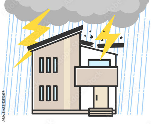 落雷の被害に遭う家のイラスト