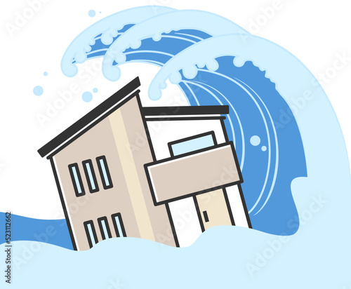 津波の被害に遭う家のイラスト