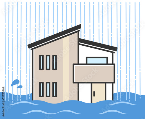 大雨で浸水する家のイラスト