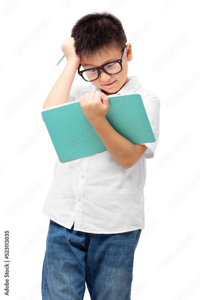 Kid with hand on head and holding book, thinking, doing homework, learning difficulties, wearing eyeglasses Kid with hand on head and holding book, thinking, doing homework, learning difficulties, wearing eyeglasses