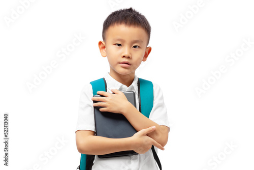 Kid with school backpack holding tablet and looking at camera
