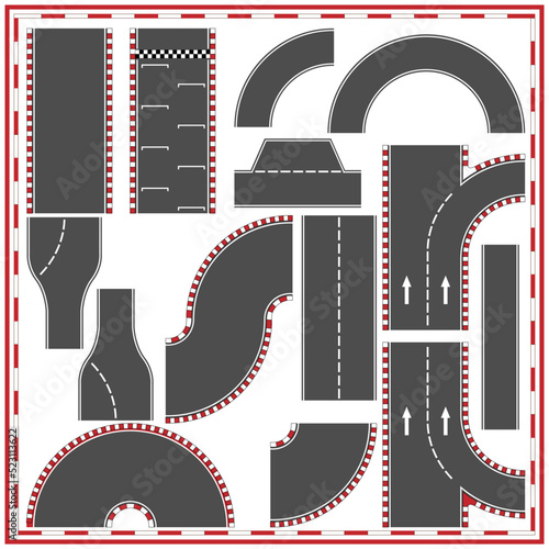 Set of elements of the race track. View from above. Isolated on white background. Vector illustration.