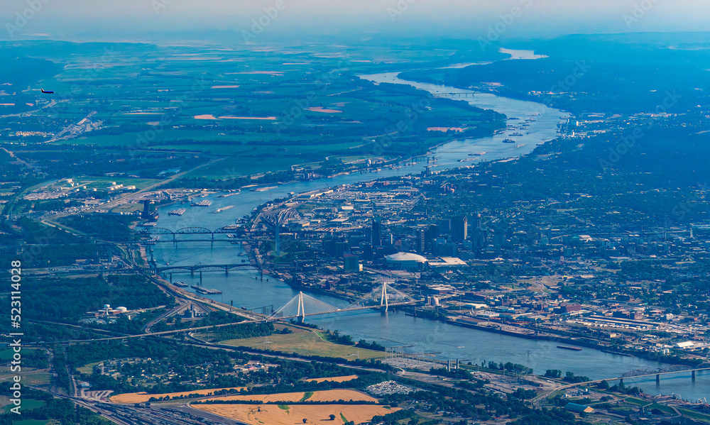 Aerial view of St Louis with bridges and snaking Mississippi River