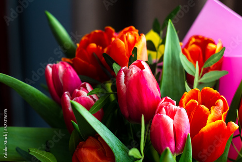 Bright festive bouquet of tulips