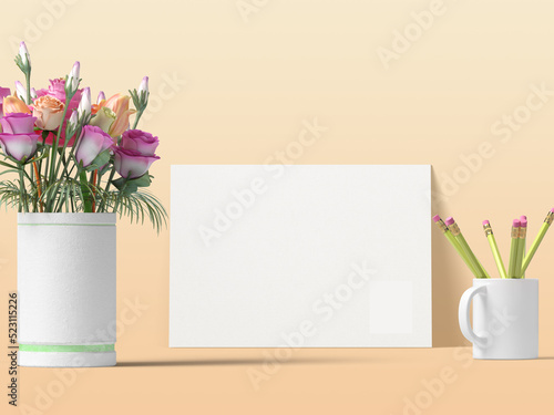 bouquet of tulips and blank card, Illustration, 3d Rendering