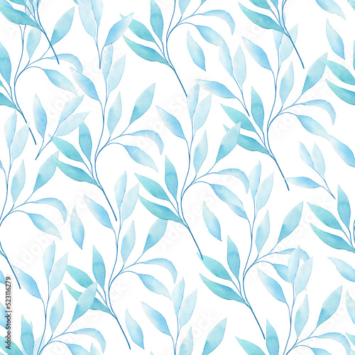 Transparent eucalyptus leaves seamless watercolor pattern. Hand drawn illustration of twigs on isolated background. Endless background for fabric and wallpaper.