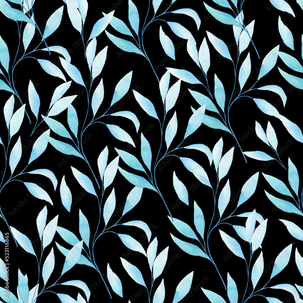 Fototapeta premium Transparent eucalyptus leaves seamless watercolor pattern. Hand drawn illustration of twigs on isolated background. Endless background for fabric and wallpaper.
