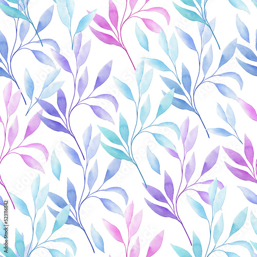 Transparent eucalyptus leaves seamless watercolor pattern. Hand drawn illustration of twigs on isolated background. Endless background for fabric and wallpaper.
