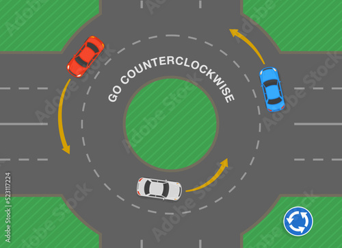 Safe driving tips and traffic regulation rules. Movement inside the roundabout. Go counterclockwise. Top view. Flat vector illustration template. photo