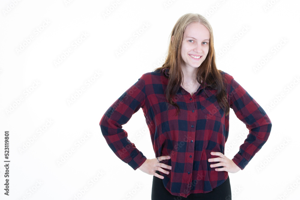 pretty beautiful young blonde woman hands on hips looking at the camera smiling blond girl isolated on white background pretty beautiful young blonde woman hands on hips looking at the camera smiling blond girl isolated on white background