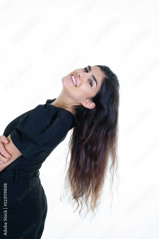 pretty young happy brunette woman with long black hair posing over white background pretty young happy brunette woman with long black hair posing over white background