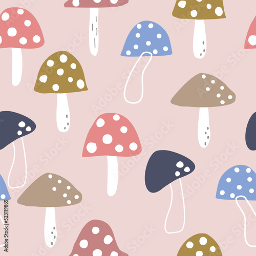 Seamless mushrooms pattern with many different colored mushrooms on a pink background.hand drawing. design for fabric, print, wrapper, textile