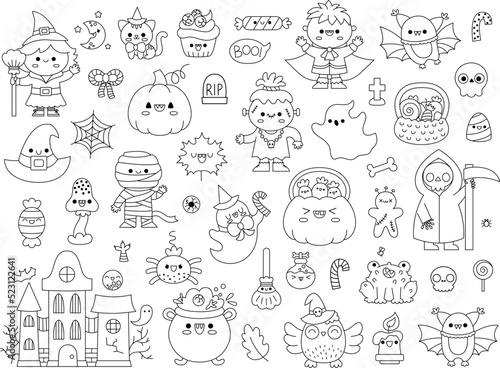 Vector black and white kawaii Halloween clipart set for kids. Cute line Samhain party coloring page. Scary collection with jack-o-lantern, haunted house, ghost, skull, bat, witch, vampire.
