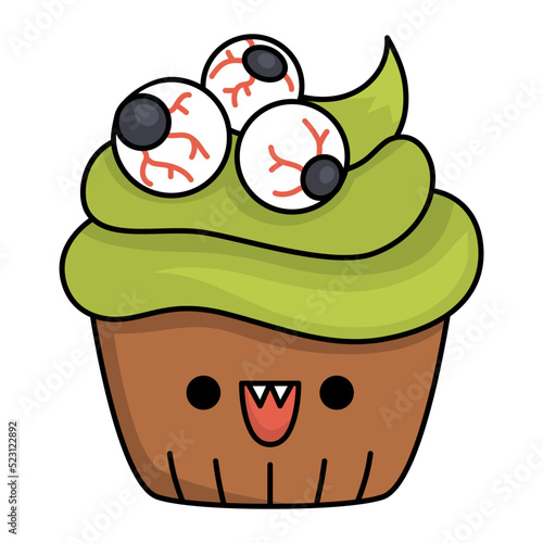 Vector kawaii cup cake with green cream and eyes. Cute smiling Halloween character for kids. Funny autumn all saints day cartoon dessert for trick or treat game. Samhain party icon for children.