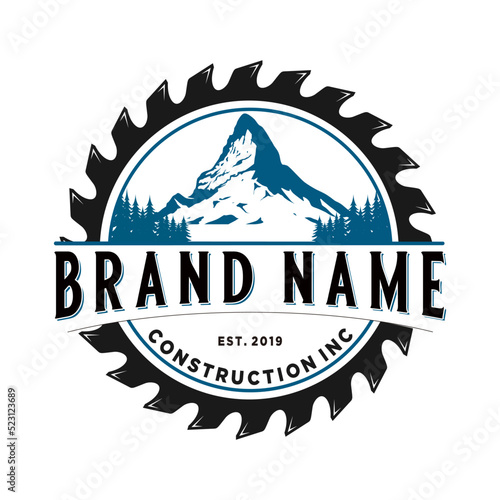 mountain logo vintage design in chainsaw. for home improvement construction and carpentry