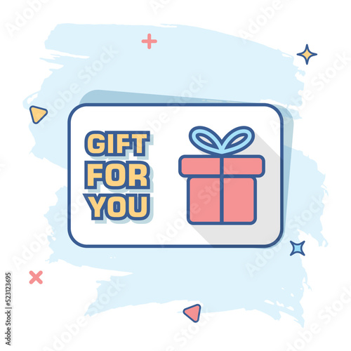 Cartoon colored gift card icon in comic style. Gift voucher present illustration pictogram. Discount coupon sign splash business concept.