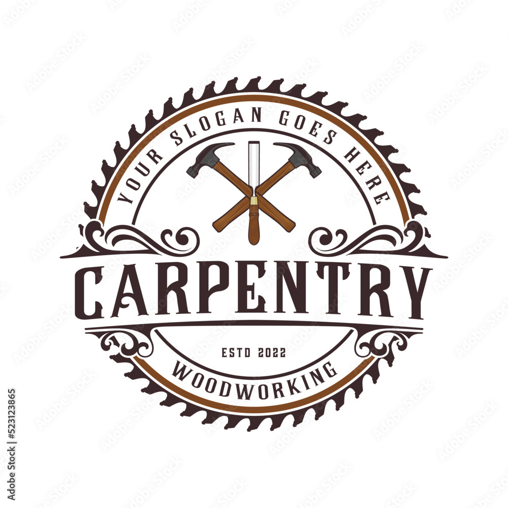 carpentry emblem logo with illustration of saw blade, hammer  and chisel.