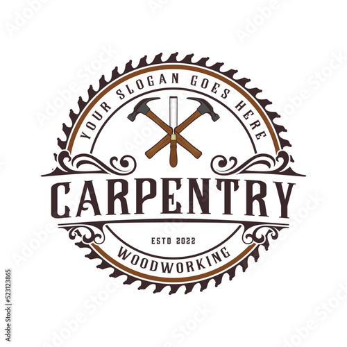 carpentry emblem logo with illustration of saw blade, hammer  and chisel.