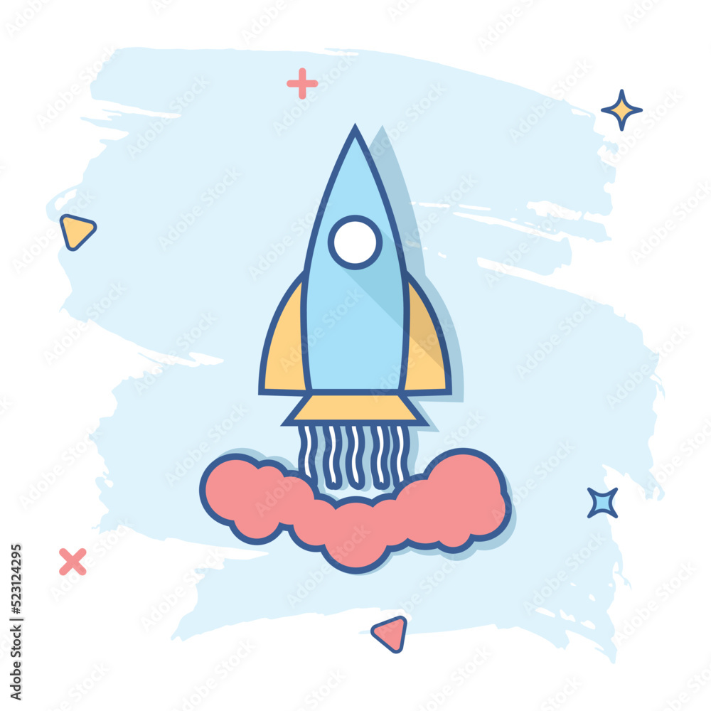 Vector cartoon rocket icon in comic style. Startup launch sign illustration pictogram. Rocket business splash effect concept. Vector cartoon rocket icon in comic style. Startup launch sign illustration pictogram. Rocket business splash effect concept.