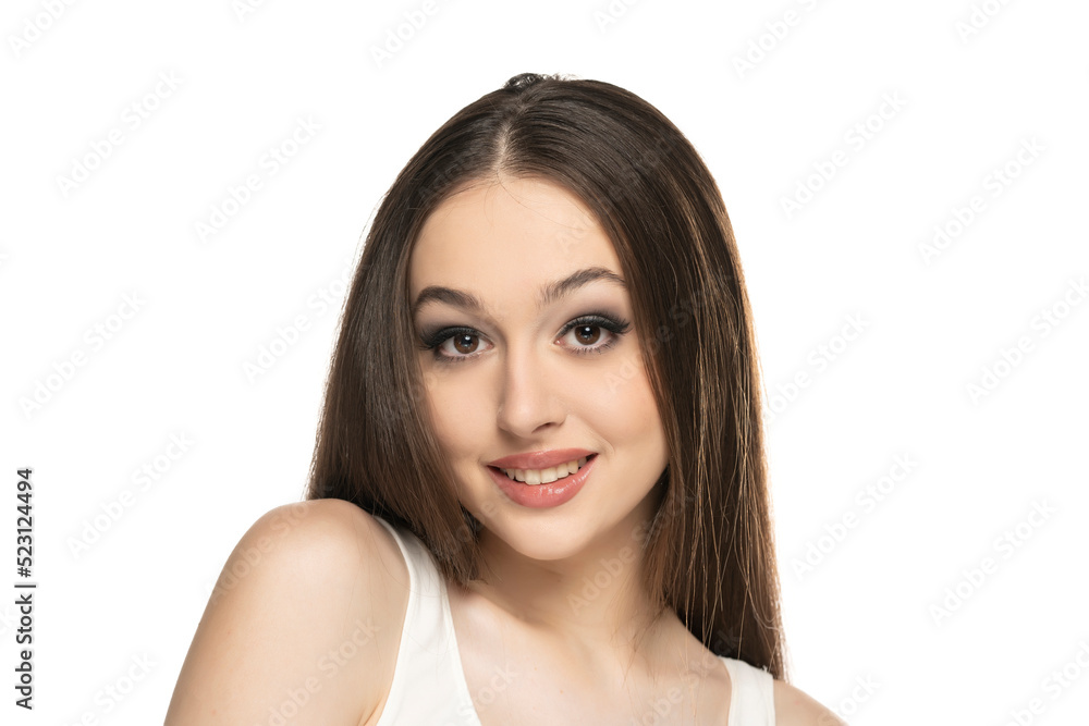 beautiful young smiling women with makeup on a white background. beautiful young smiling women with makeup on a white background.