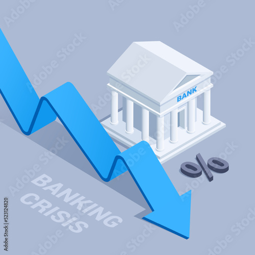 isometric vector illustration on gray background, banking crisis, falling blue arrow and bank icon near lying percent icon