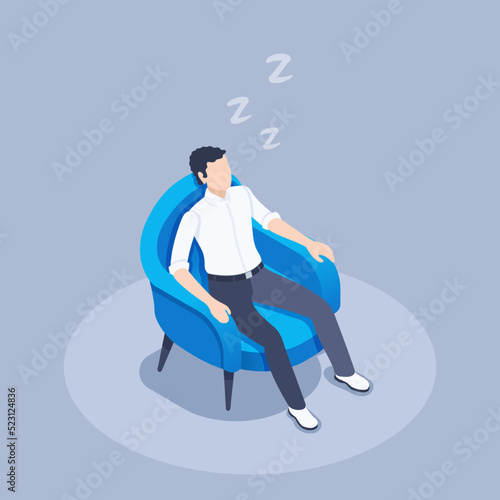 isometric vector illustration on a gray background, a man in business clothes sleeps sitting in a chair, tired after a working day